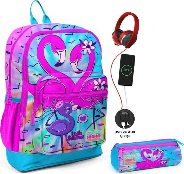 Coral High Mavi Pembe Flamingo USB Soketli Okul Çantası ve Kalemlik Seti - Kız Çocuk - Image 1