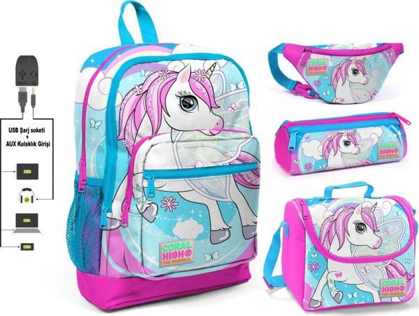 Coral High Mavi Unicorn Baskılı 4'lü Kız Çocuk İlkokul Çanta Seti - USB Soketli - Image 1