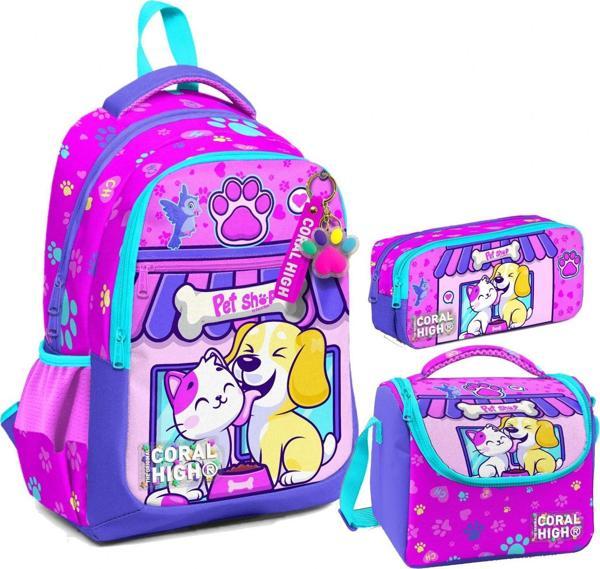 Coral High Kız Çocuk Üç Gözlü İlkokul Çanta Seti - Kedi Köpek Desenli - Image 1