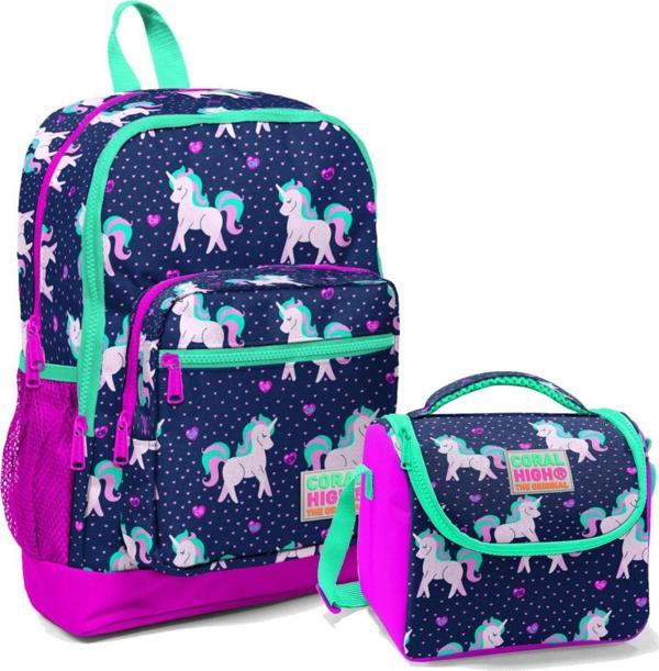 Coral High Mor Unicorn Kız Çocuk İlköğretim Okul Sırt Çantası ve Beslenme Çanta Seti - Image 1