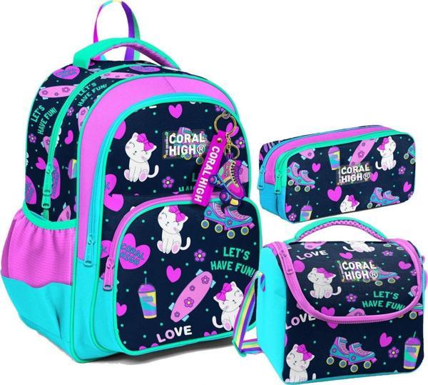 Coral High Kız Çocuk Üç Gözlü İlkokul Çanta Seti - Lacivert Pembe Kedili Desenli - Image 1