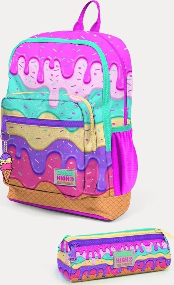 Coral High Kids Pembe Rengarenk Dondurma Desenli 2'li Okul Çanta Seti - Kız Çocuk - Image 1