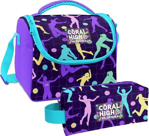 Coral High Mor Voleybol Desenli Kız Çocuk Isı Yalıtımlı Beslenme Çantası ve Kalemlik Seti - Image 1