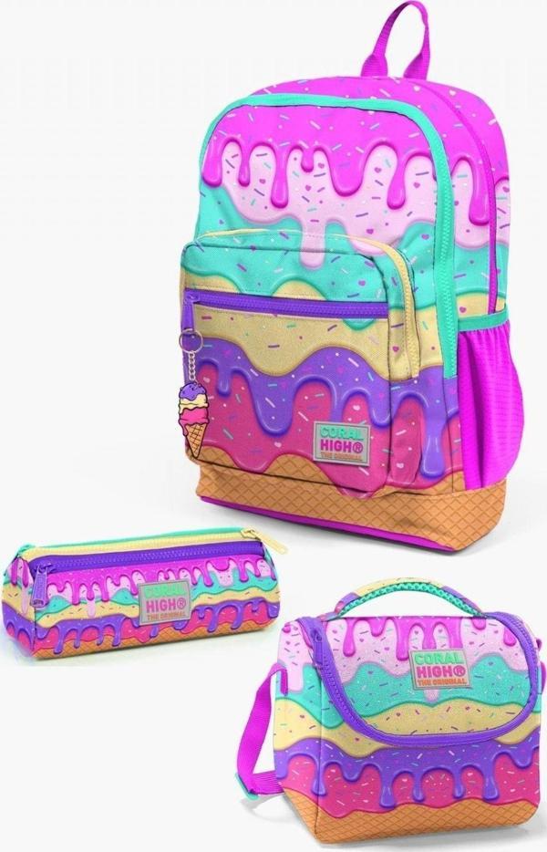 Coral High Kids Pembe Rengarenk Dondurma Desenli 3’lü Okul Çanta Seti - Kız Çocuk - Image 1