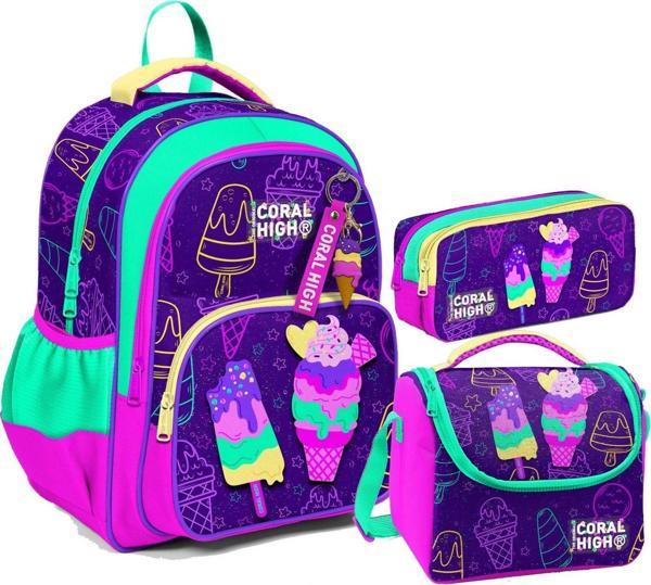 Coral High Kız Çocuk Üç Gözlü İlkokul Çanta Seti - Mor Pembe Dondurma Desenli - Image 1