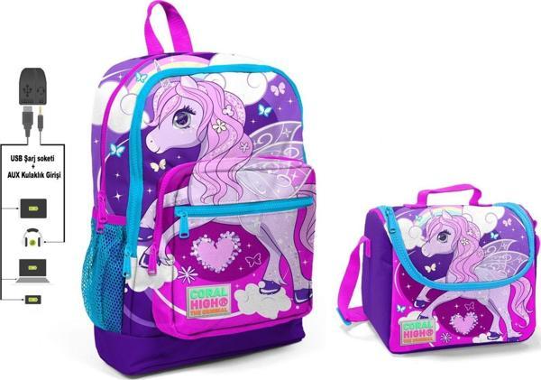 Coral High Mavi Unicorn Baskılı Okul Çantası ve Beslenme Çantası Seti - Kız Çocuk - USB Soketli - Image 1