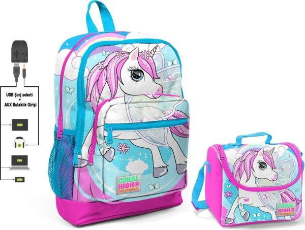 Coral High Mavi Unicorn Baskılı Okul Çantası ve Beslenme Çantası Seti - Kız Çocuk - USB Soketli - Image 1
