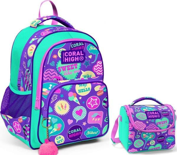 Coral High Mor Yeşil Yazılar Kız Çocuk İlkokul Çantası ve Beslenme Çantası Seti - Image 1