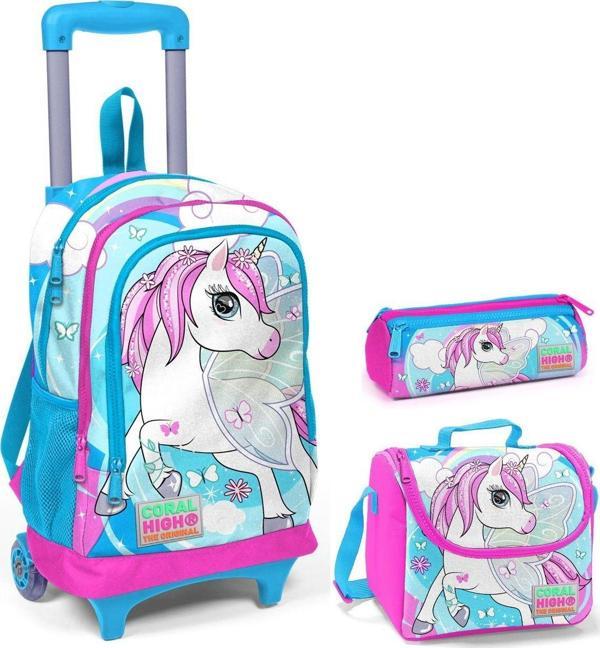 Coral High Mavi Unicorn Kız Çocuk Çekçek Çanta Seti - Işıklı Tekerlekler - Image 1