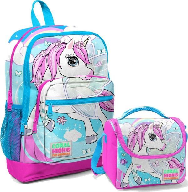 Coral High Mavi Unicorn Kız Çocuk İlköğretim Okul Sırt Çantası ve Beslenme Çanta Seti - Image 1
