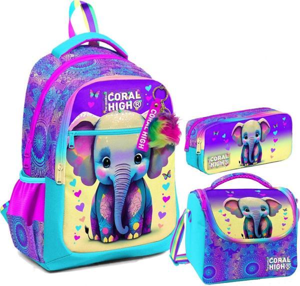 Coral High Kız Çocuk Üç Gözlü İlkokul Çanta Seti - Pembe Turkuaz Fil Desenli - Image 1