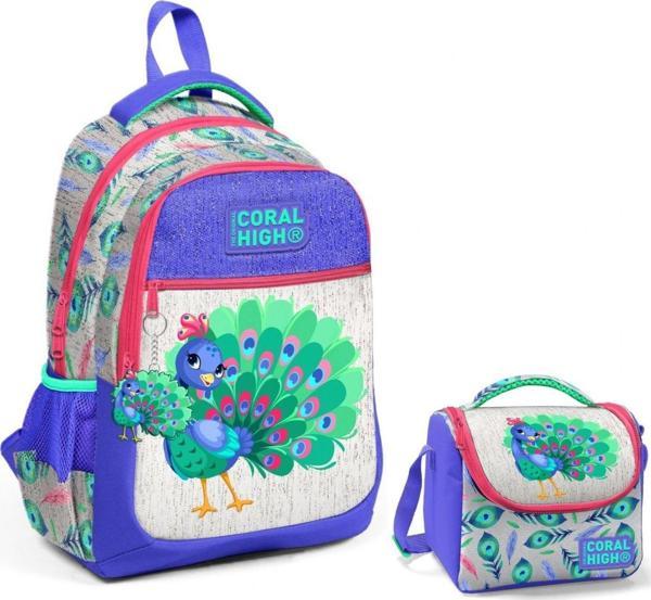 Coral High Mavi Yeşil Tavuskuşu Okul Sırt ve Beslenme Çantası Seti - Kız Çocuk - Image 1