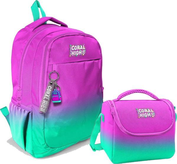 Coral High Kız Çocuk Üç Gözlü İlkokul ve Ortaokul Sırt Çantası+Beslenme - Pembe Su Yeşili Renk Geçişli - Image 1