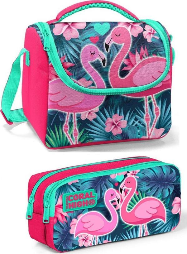 Coral High Mercan Yeşil Flamingo Kız Çocuk Beslenme Çantası Seti - Image 1