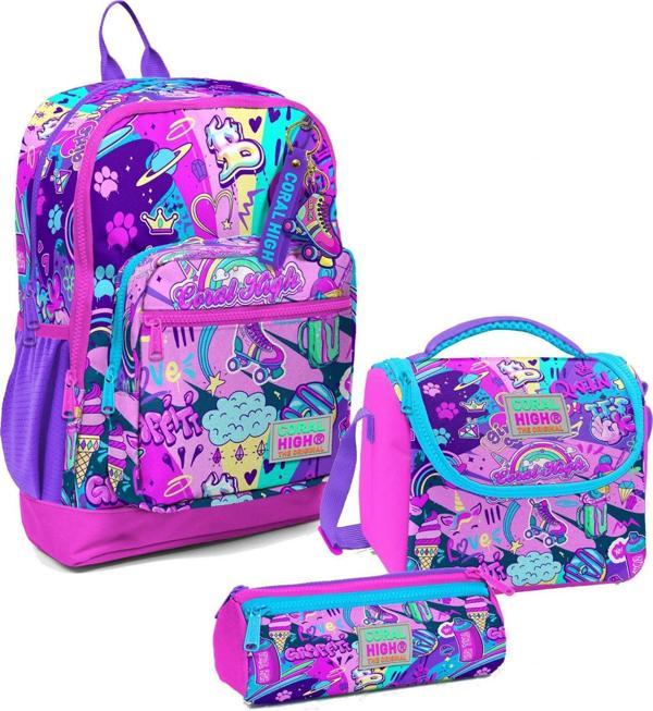 Coral High Kız Çocuk Üçlü İlkokul Okul Çanta Seti - Grafiti - Image 1