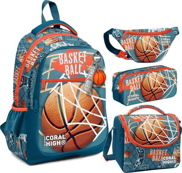 Coral High Nefti Turuncu Basketbol Desenli Erkek Çocuk Okul Beslenme Kalemlik ve Bel Çantası Seti - İlkokul İçin Uygun - Image 1