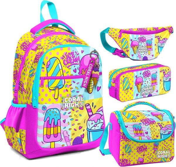 Coral High Mixed Dondurma Desenli Kız Çocuk Okul Beslenme Kalemlik ve Bel Çantası Seti - İlkokul İçin Uygun - Image 1