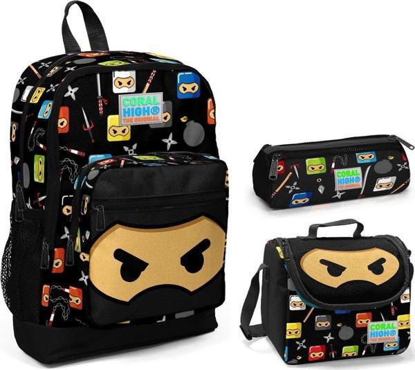 Coral High Ninja Baskılı Erkek Çocuk 3'lü İlkokul Çanta Seti - Image 1