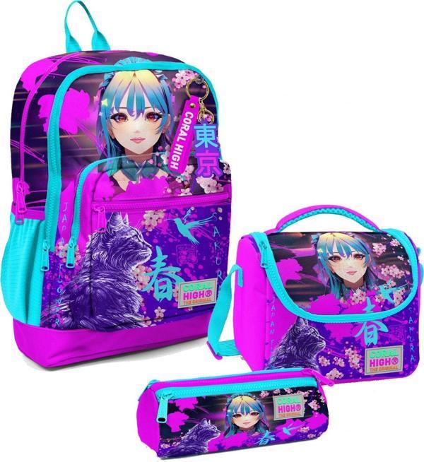 Coral High Kız Çocuk Üçlü İlkokul Okul Çanta Seti - Mor Pembe Anime Kedi - Image 1