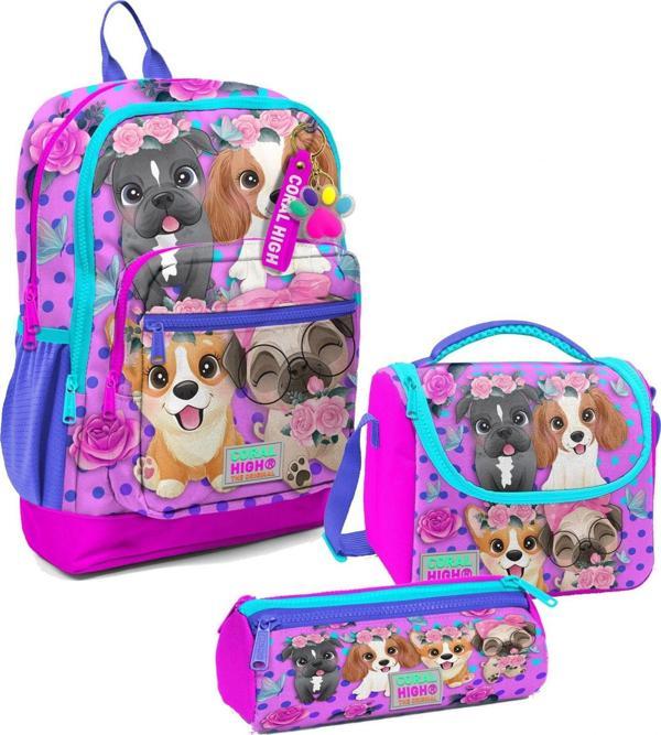 Coral High Kız Çocuk Üçlü İlkokul Okul Çanta Seti - Pembe Köpek - Image 1