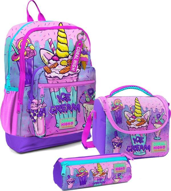 Coral High Kız Çocuk Üçlü İlkokul Okul Çanta Seti - Pembe Mor Dondurma - Image 1