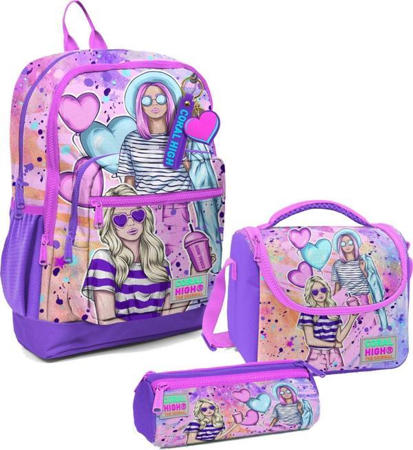 Coral High Kız Çocuk Üçlü İlkokul Okul Çanta Seti - Pembe Mor Fashion Girl - Image 1