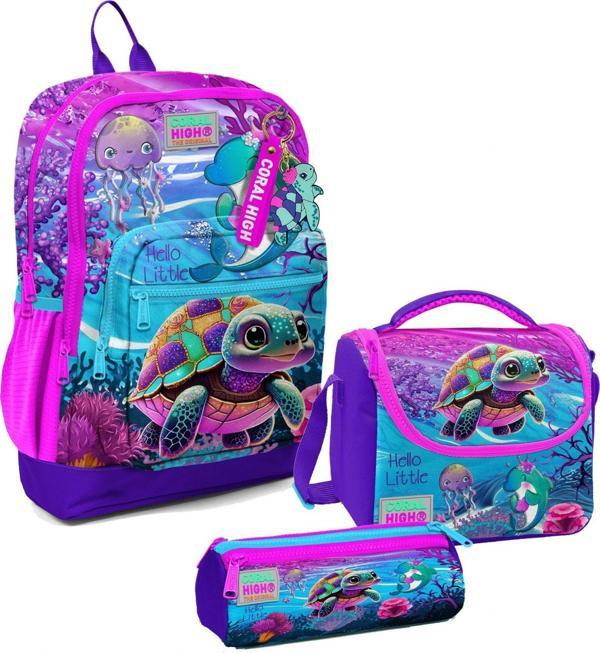 Coral High Kız Çocuk Üçlü İlkokul Okul Çanta Seti - Pembe Mor Kaplumbağa - Image 1