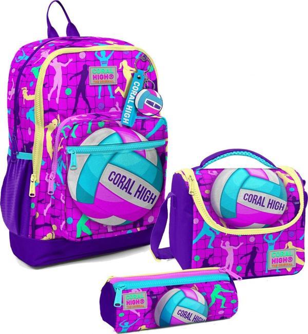 Coral High Kız Çocuk Üçlü İlkokul Okul Çanta Seti - Pembe Mor Voleybol - Image 1