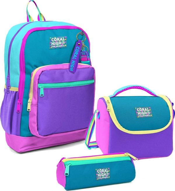 Coral High Kız Çocuk Üçlü İlkokul Okul Çanta Seti - Pembe Pastel Renkli - Image 1