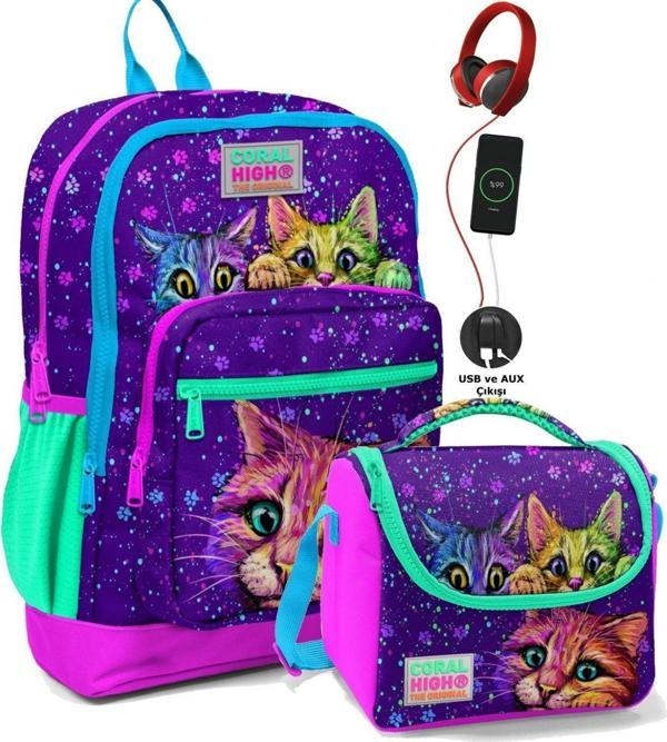 Coral High Okul Çantası ve Beslenme Çanta Seti - Usb Soketli Mor Kedi Kız Çocuk - Image 1