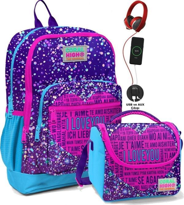 Coral High Okul Çantası ve Beslenme Çanta Seti - Usb Soketli Mor Mavi Kalp Kız Çocuk - Image 1