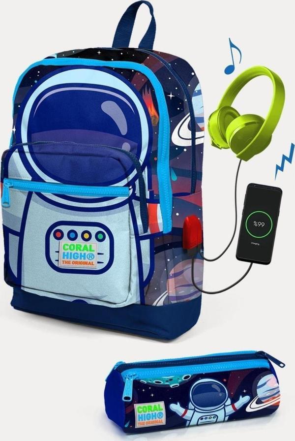 Coral High Kids Saks Mavi Astronot Desenli USB'li 2'li Okul Çanta Seti - Erkek Çocuk - Image 1