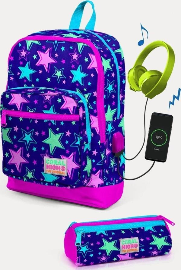 Coral High Kids Saks Pembe Yıldız Desenli USB'li 2'li Okul Çanta Seti - Kız Çocuk - Image 1