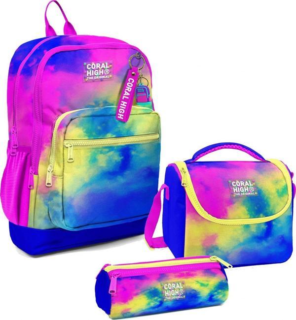 Coral High Kız Çocuk Üçlü İlkokul Okul Çanta Seti - Renkli Batik - Image 1