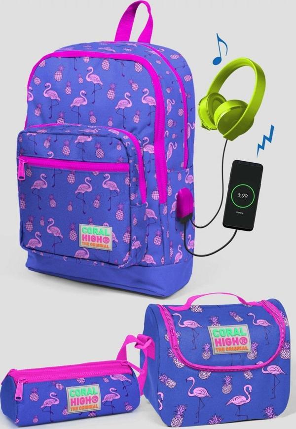 Coral High Mor Flamingo Desenli Okul Çanta Seti - Kız Çocuk - Image 1
