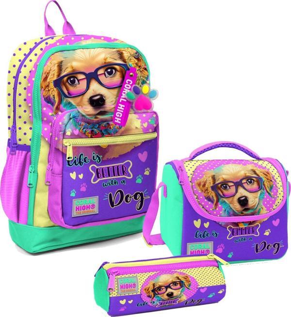 Coral High Kız Çocuk Üçlü İlkokul Okul Çanta Seti - Sarı Pembe Sevimli Köpek - Image 1