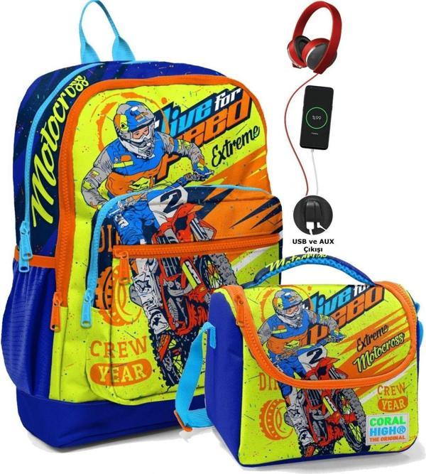 Coral High Okul Çantası ve Beslenme Çanta Seti - Usb Soketli Sarı Mavi Motosiklet Erkek Çocuk - Image 1
