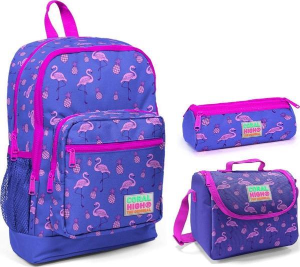 Coral High Mor Flamingo Kız Çocuk 3'lü İlkokul Çanta Seti - Image 1