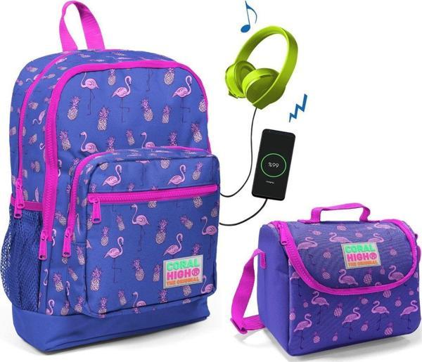 Coral High Mor Flamingo Okul Çantası ve Beslenme Çantası Seti - Kız Çocuk - USB Soketli - Image 1