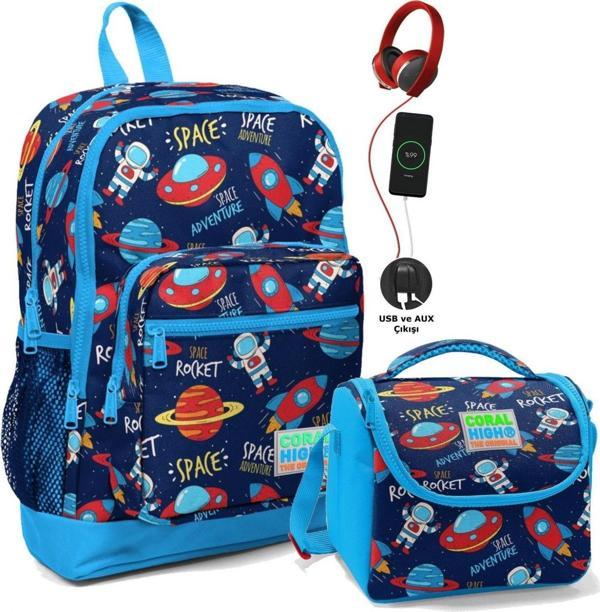 Coral High Okul Çantası ve Beslenme Çantası Seti - Erkek Çocuk Mavi Lacivert Uzay - USB Soketli - Image 1