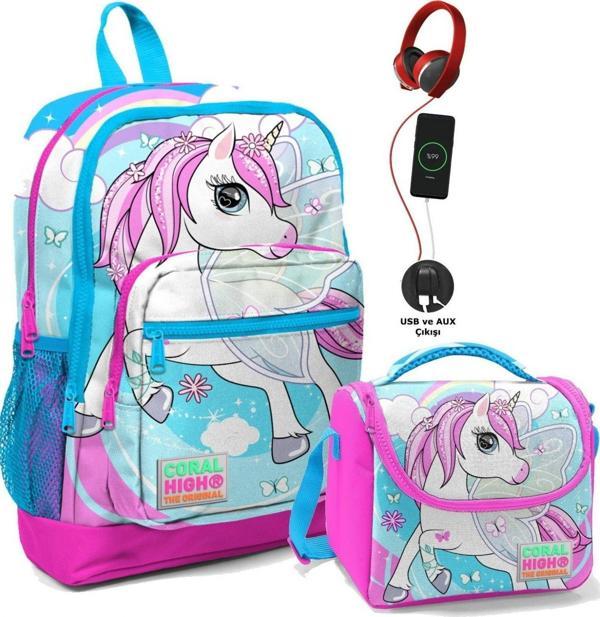 Coral High Okul Çantası ve Beslenme Çantası Seti - Kız Çocuk Mavi Unicorn- USB Soketli - Image 1