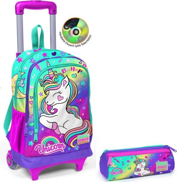 Coral High Kız Çocuk Yeşil Unicorn Tekerlekli Okul Çantası ve Kalemlik Seti - Image 1