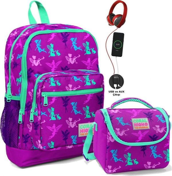 Coral High Okul Çantası ve Beslenme Çantası Seti - Kız Çocuk Mor Peri - USB Soketli - Image 1