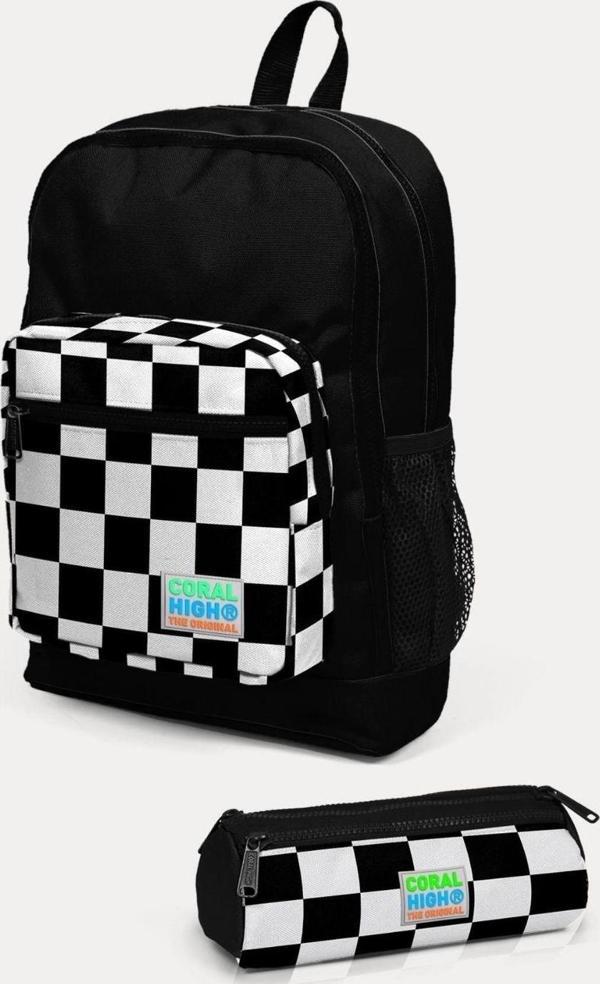 Coral High Kids Siyah Dama Desenli 2'li Okul Çanta Seti - Erkek Çocuk - Image 1