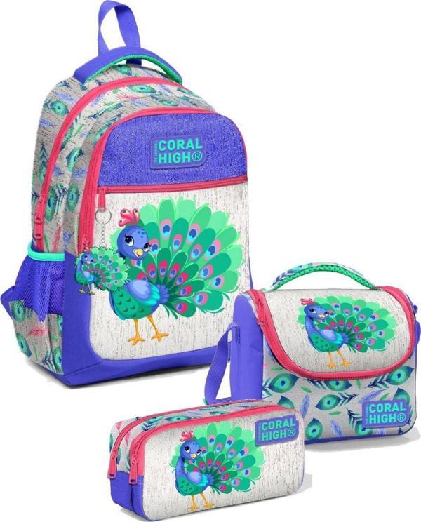 Coral High Kız Üç Bölmeli Okul Sırt Çantası Beslenme Çantası ve Kalemlik Seti Mavi Yeşil Tavuskuşu - Image 1