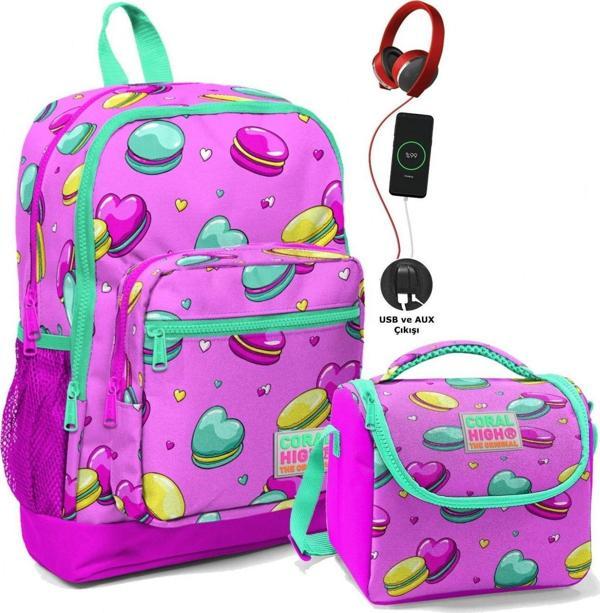 Coral High Okul Çantası ve Beslenme Çantası Seti - Kız Çocuk Pembe Makaron - USB Soketli - Image 1