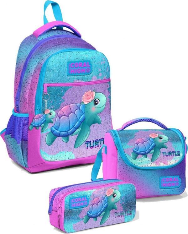 Coral High Kız Üç Bölmeli Okul Sırt Çantası Beslenme Çantası ve Kalemlik Seti Pembe Mavi Kaplumbağa - Image 1