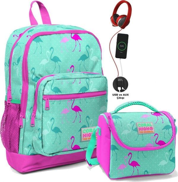Coral High Okul Çantası ve Beslenme Çantası Seti - Kız Çocuk Yeşil Flamingo - USB Soketli - Image 1