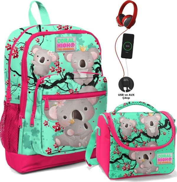 Coral High Okul Çantası ve Beslenme Çantası Seti - Kız Çocuk Yeşil Koala - USB Soketli - Image 1