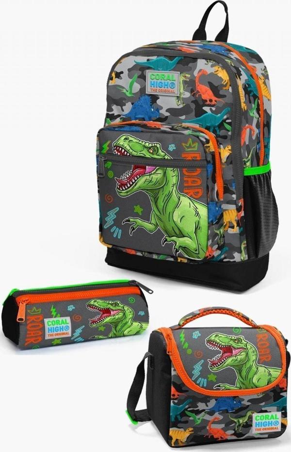 Coral High Kids Siyah Gri Dinozor Desenli 3’lü Okul Çanta Seti - Erkek Çocuk İlkokul - Image 1